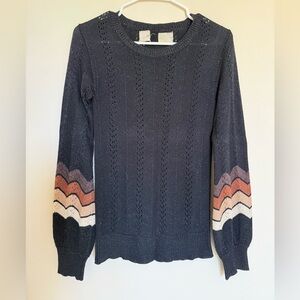 Jen’s Pirate Booty Women’s Navy Knit Sweater with Chevron Sleeve Stripes Small